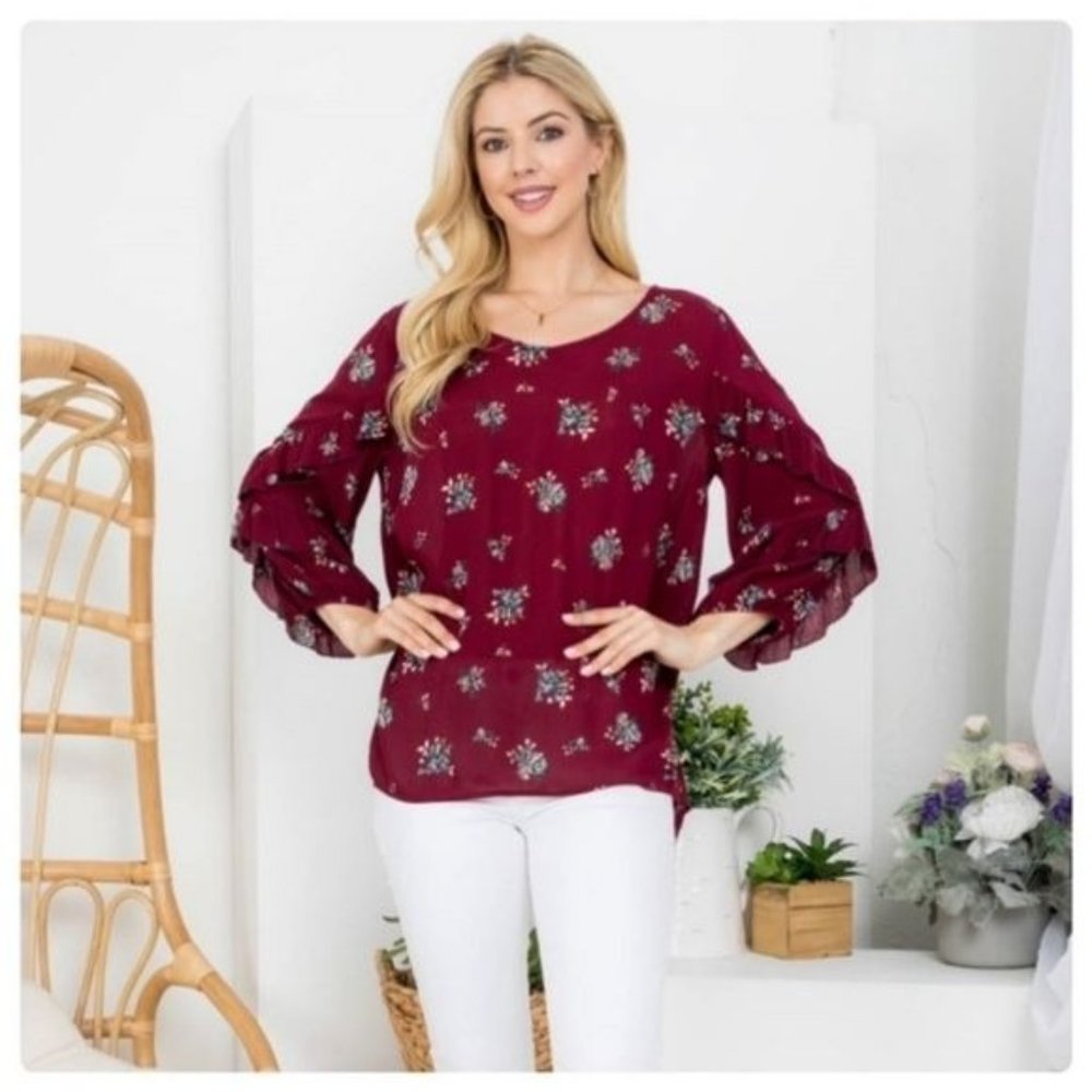 🧡6/$25🧡BURGUNDY FLORAL TOP W/SCOOP NECK-NEW - Picture 5 of 6